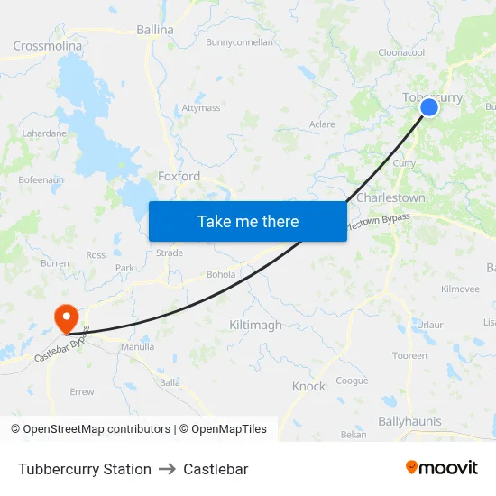 Tubbercurry Station to Castlebar map