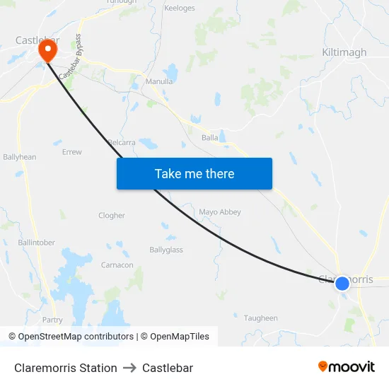 Claremorris Station to Castlebar map