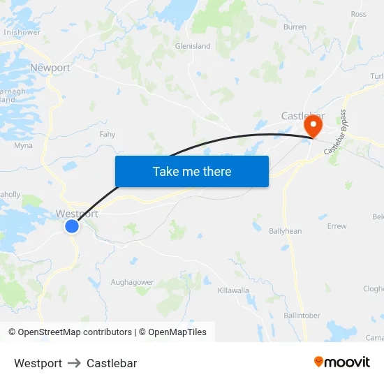 Westport to Castlebar map