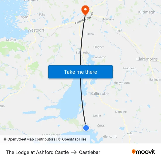 The Lodge at Ashford Castle to Castlebar map