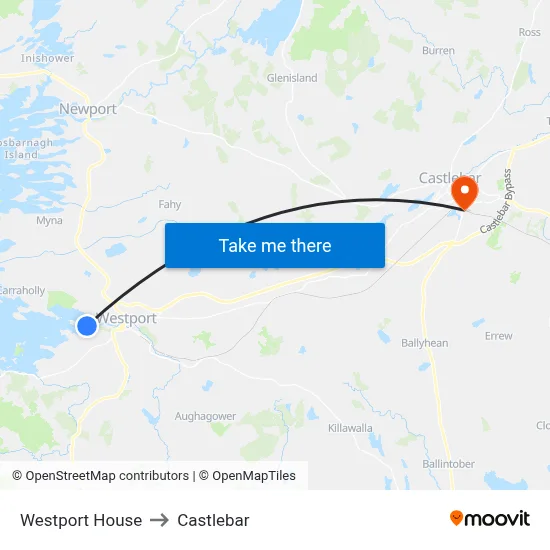 Westport House to Castlebar map