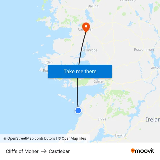 Cliffs of Moher to Castlebar map