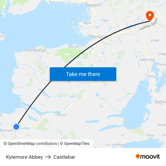 Kylemore Abbey to Castlebar map