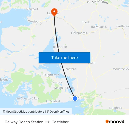 Galway Coach Station to Castlebar map