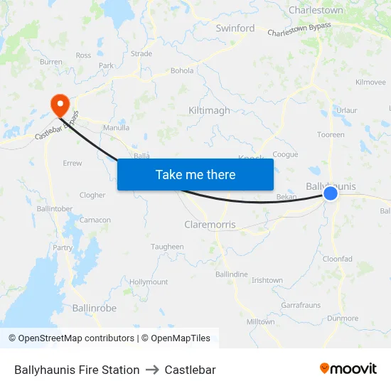 Ballyhaunis Fire Station to Castlebar map