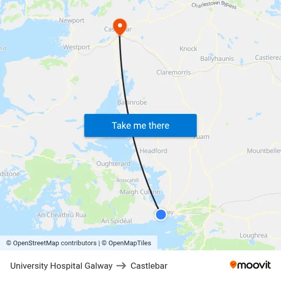 University Hospital Galway to Castlebar map