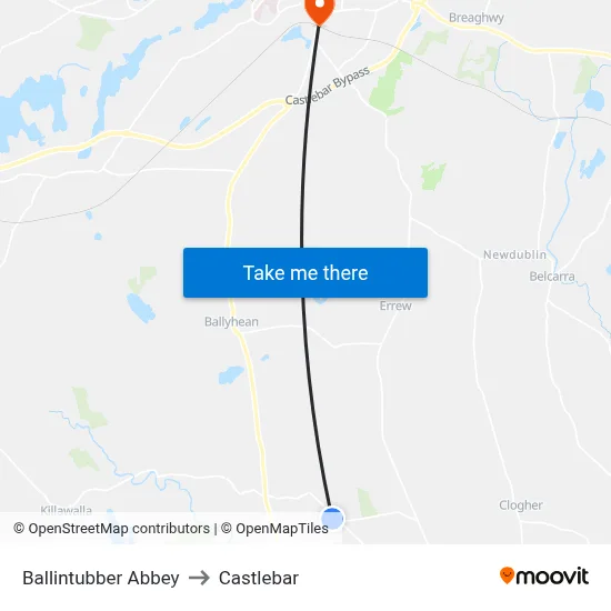 Balintubber Abbey to Castlebar map