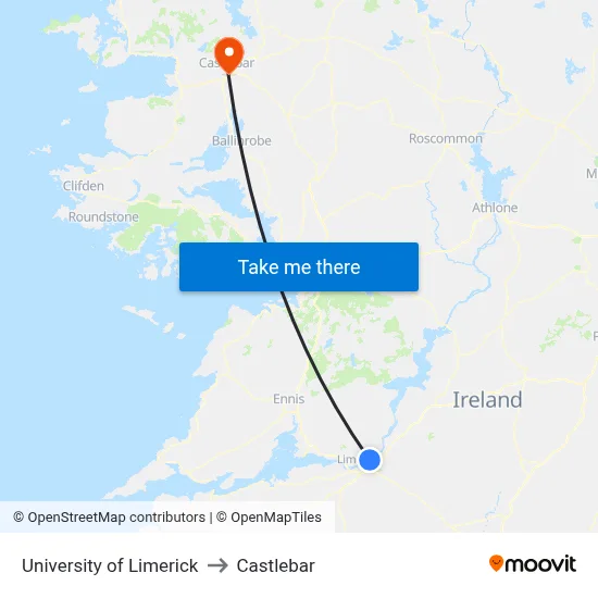 University of Limerick to Castlebar map