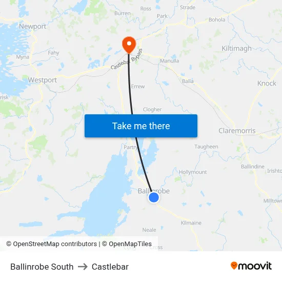 Ballinrobe South to Castlebar map