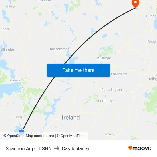 Shannon Airport SNN to Castleblaney map