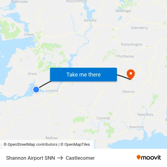 Shannon Airport SNN to Castlecomer map