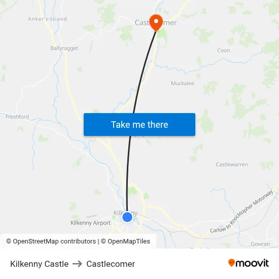 Kilkenny Castle to Castlecomer map