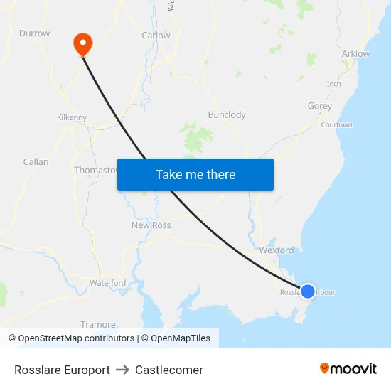 Rosslare Europort to Castlecomer map