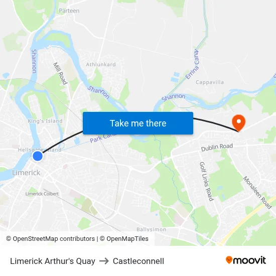 Limerick Arthur's Quay to Castleconnell map