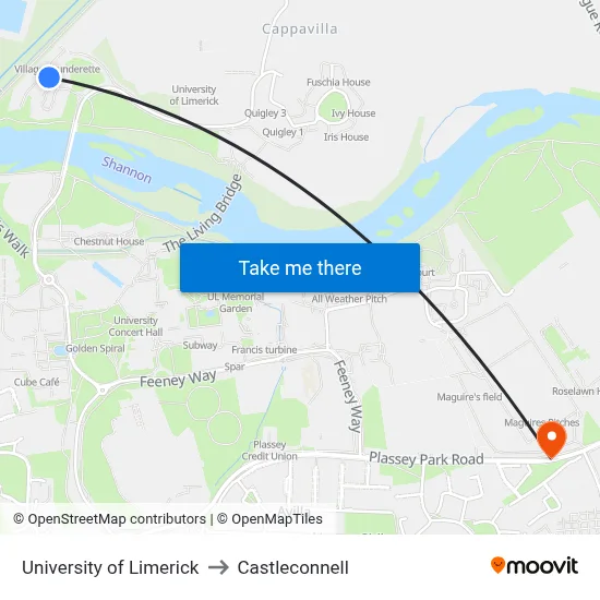 University of Limerick to Castleconnell map