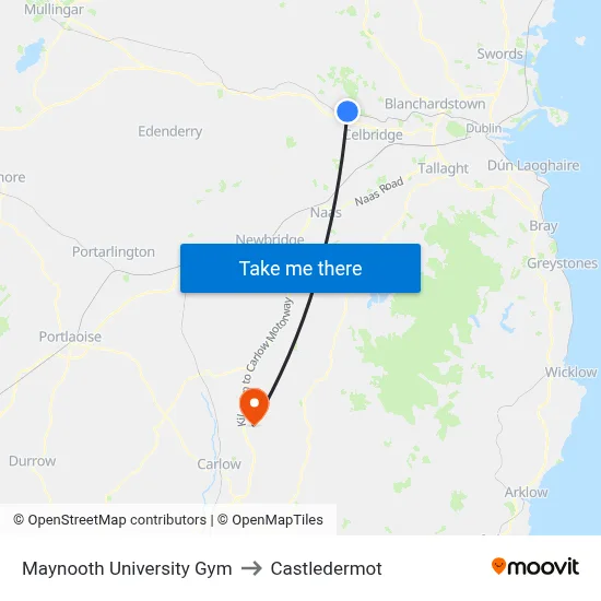 Maynooth University Gym to Castledermot map