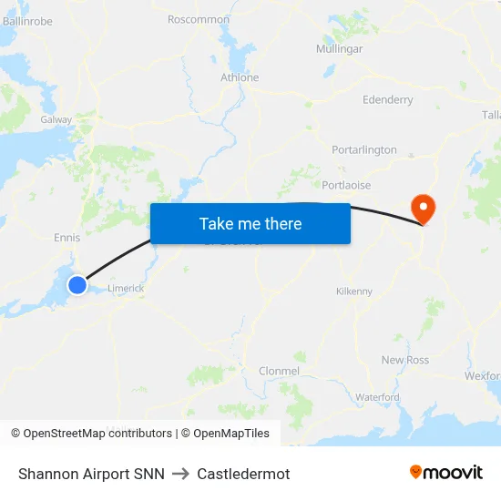 Shannon Airport SNN to Castledermot map