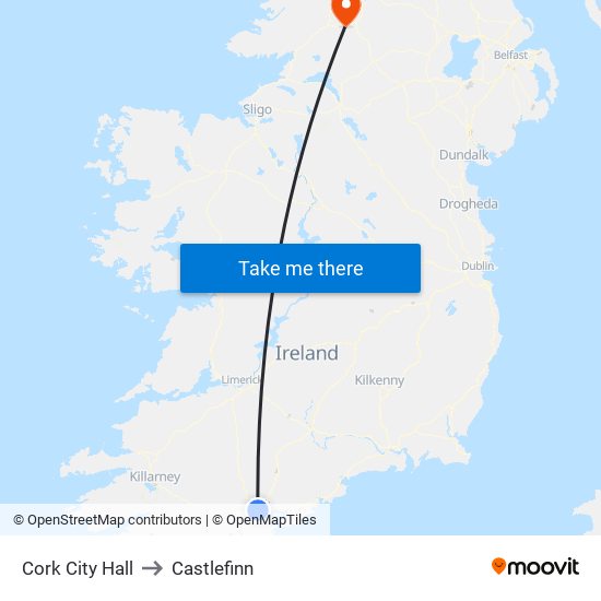 Cork City Hall to Castlefinn map