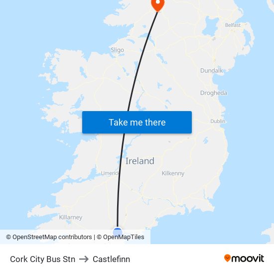 Cork City Bus Stn to Castlefinn map