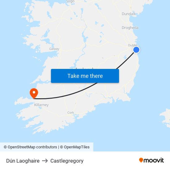 Dún Laoghaire to Castlegregory map
