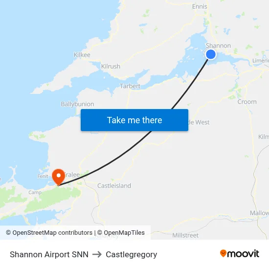 Shannon Airport SNN to Castlegregory map