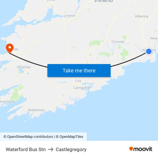 Waterford Bus Stn to Castlegregory map