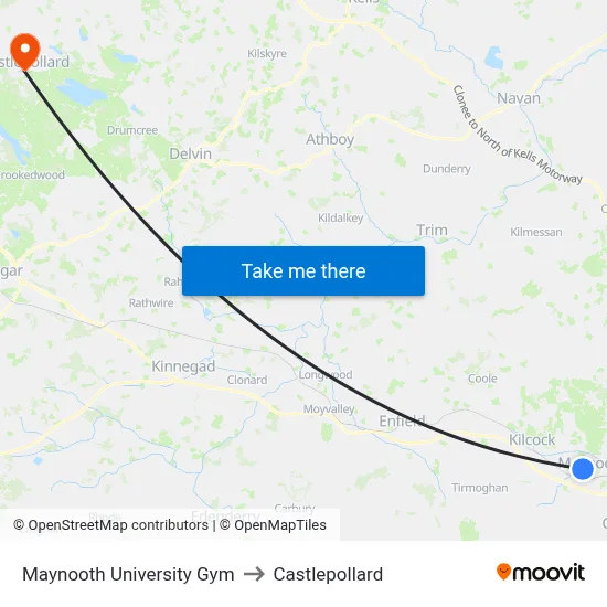 Maynooth University Gym to Castlepollard map