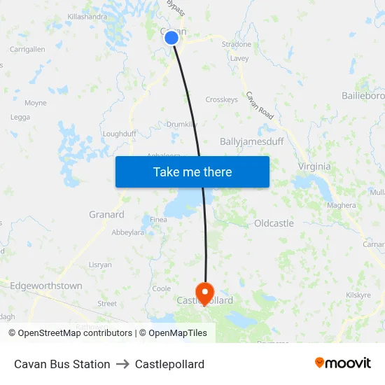 Cavan Bus Station to Castlepollard map