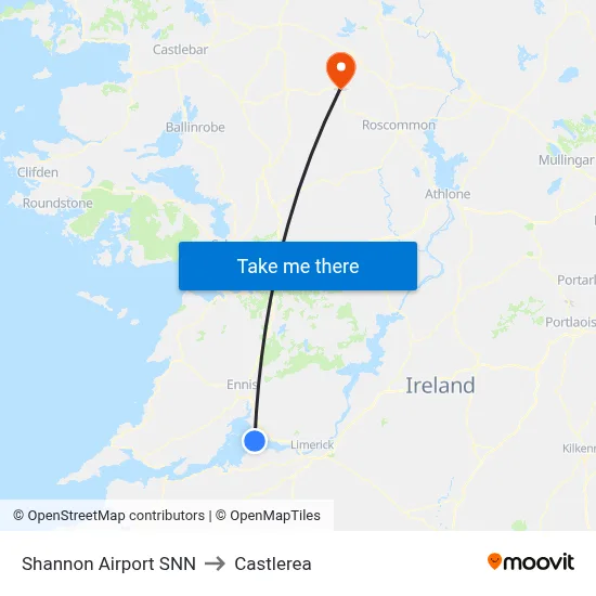 Shannon Airport SNN to Castlerea map