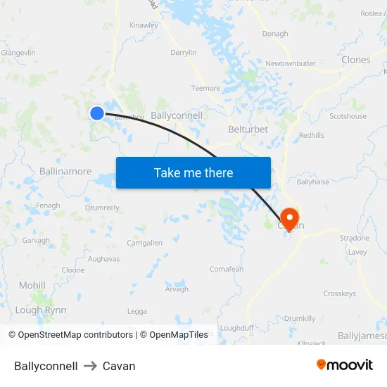 Ballyconnell to Cavan map