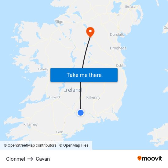 Clonmel to Cavan map