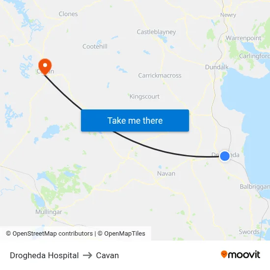 Drogheda Hospital to Cavan map