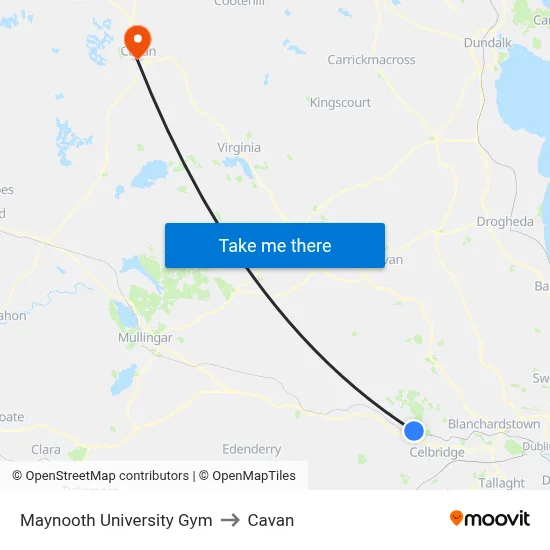 Maynooth University Gym to Cavan map