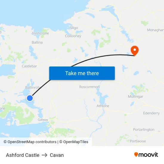Ashford Castle to Cavan map
