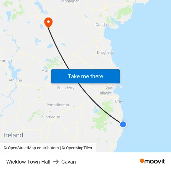 Wicklow Town Hall to Cavan map