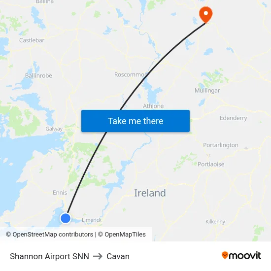Shannon Airport SNN to Cavan map