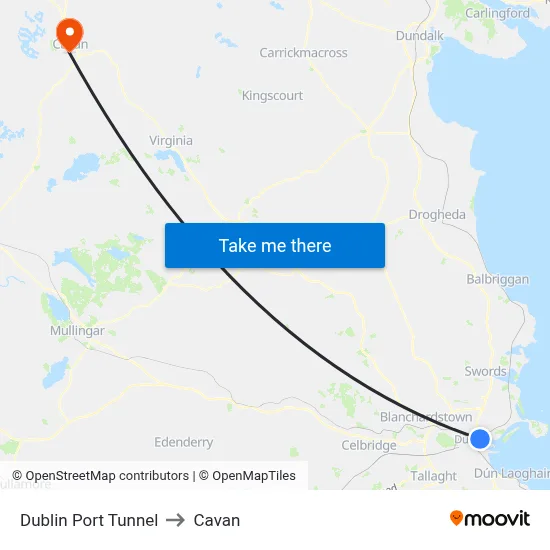 Dublin Port Tunnel to Cavan map