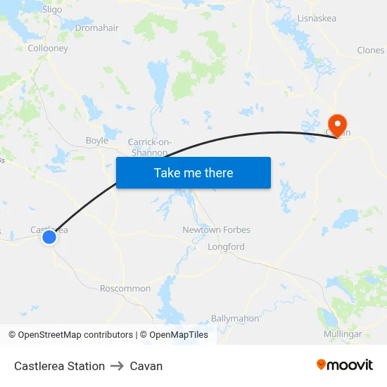 Castlerea Station to Cavan map