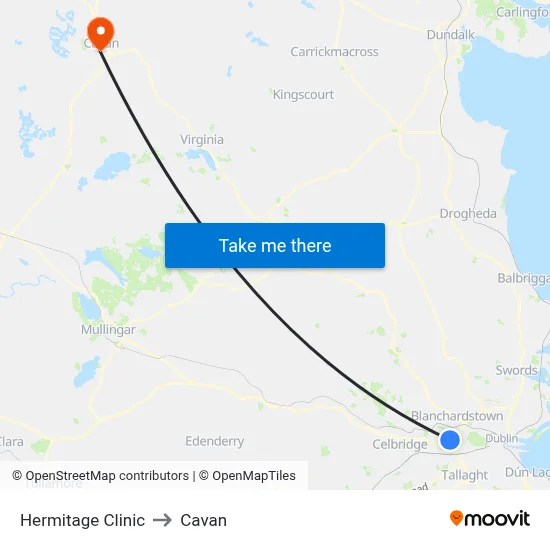 Hermitage Clinic to Cavan map