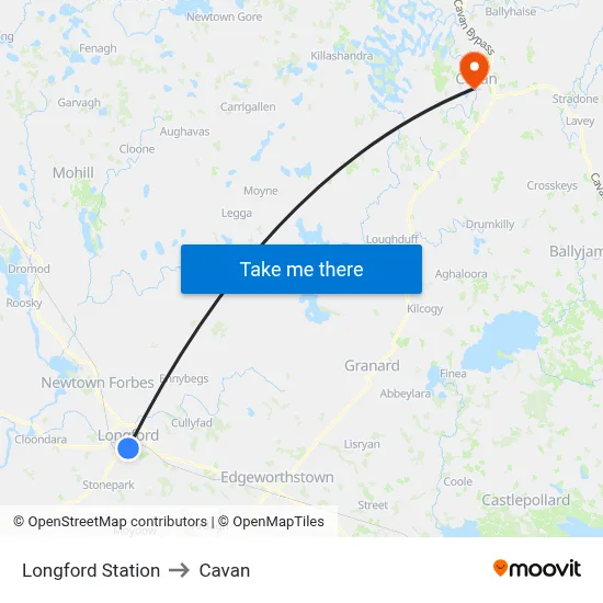 Longford Station to Cavan map
