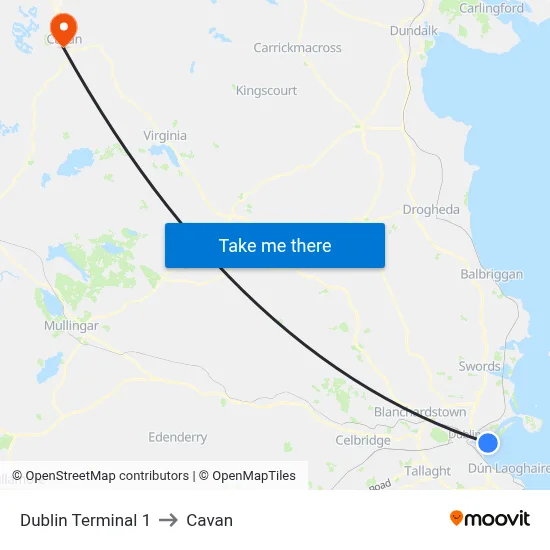 Dublin Terminal 1 to Cavan map