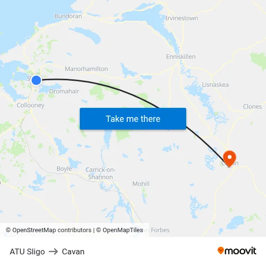 ATU Sligo to Cavan map