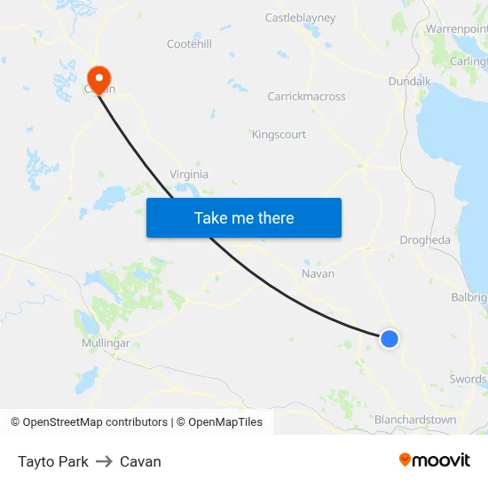 Tayto Park to Cavan map