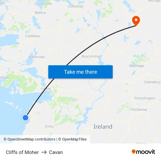 Cliffs of Moher to Cavan map