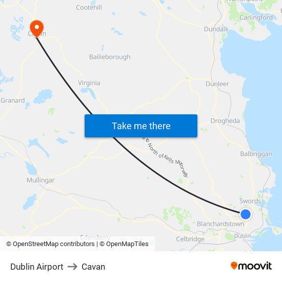 Dublin Airport to Cavan map