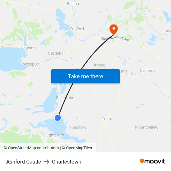 Ashford Castle to Charlestown map