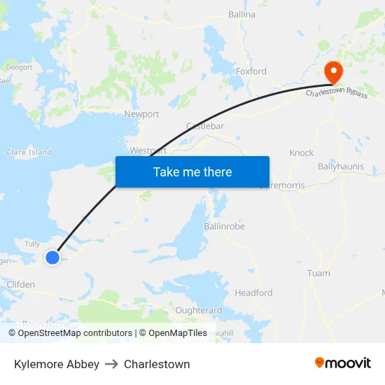 Kylemore Abbey to Charlestown map