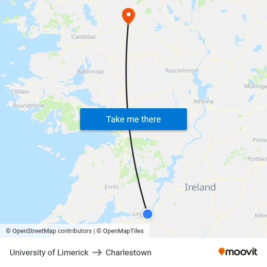 University of Limerick to Charlestown map