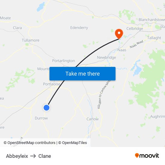 Abbeyleix to Clane map