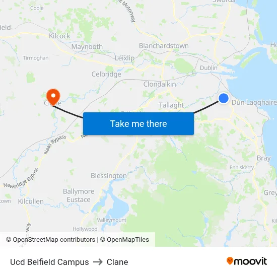 Ucd Belfield Campus to Clane map
